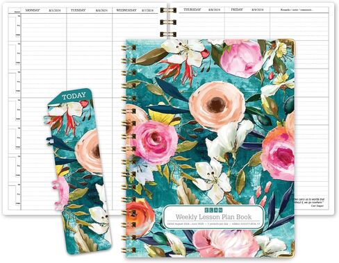 Elan Publishing Company HARDCOVER 7 Period Dated Teacher Lesson Plan; Days Horizontally Across The Top Dated for 2024-2025 Academic Year with Bonus Clip-in Bookmark (Teal Floral) in Saudi Arabia