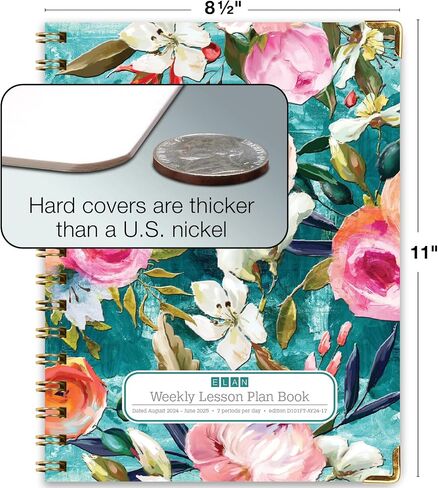 Elan Publishing Company HARDCOVER 7 Period Dated Teacher Lesson Plan; Days Horizontally Across The Top Dated for 2024-2025 Academic Year with Bonus Clip-in Bookmark (Teal Floral) in Saudi Arabia