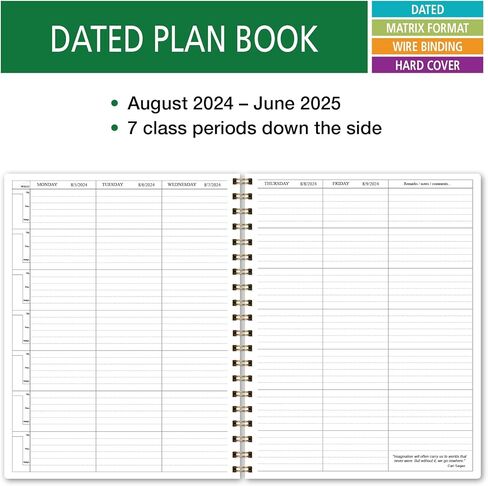 Elan Publishing Company HARDCOVER 7 Period Dated Teacher Lesson Plan; Days Horizontally Across The Top Dated for 2024-2025 Academic Year with Bonus Clip-in Bookmark (Teal Floral) in Saudi Arabia