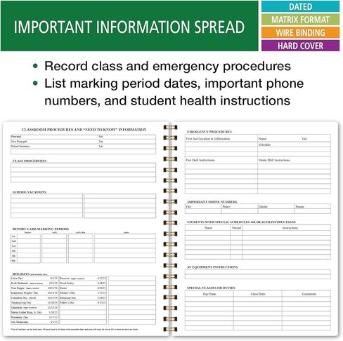 Elan Publishing Company HARDCOVER 7 Period Dated Teacher Lesson Plan; Days Horizontally Across The Top Dated for 2024-2025 Academic Year with Bonus Clip-in Bookmark (Teal Floral) in Saudi Arabia