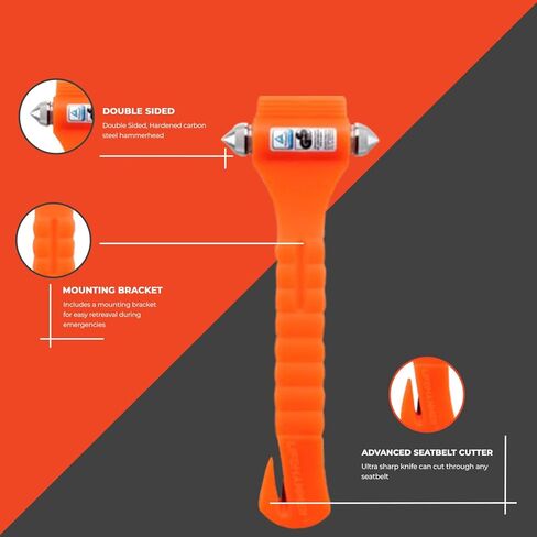 مطرقة أمان السيارة من العلامة التجارية LifeHammer، أداة الهروب والإنقاذ الأصلية في حالات الطوارئ مع قاطع حزام الأمان، صنعت في هولندا، برتقالي (عبوتان) in Kuwait