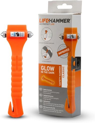 مطرقة أمان السيارة من العلامة التجارية LifeHammer، أداة الهروب والإنقاذ الأصلية في حالات الطوارئ مع قاطع حزام الأمان، صنعت في هولندا، برتقالي (عبوتان) in Kuwait