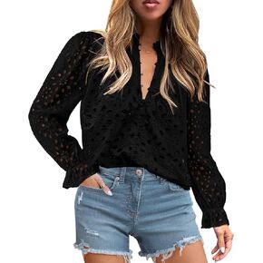 Eyelet Tops for Women Casual Eyelet Blouse Tops Button V Neck Puff Long Sleeve Shirts Hollow Out Lace Embroidered Tops