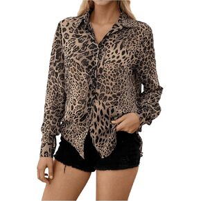 GORGLITTER Women's Leopard Button Down Shirt Long Sleeve Cheetah Collar Chiffon Blouse