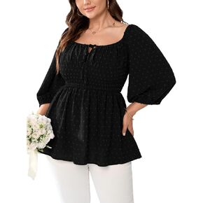 SCOMCHIC Women's Plus Size Blouse Summer Peplum Tops 3/4 Sleeve Square Neck Swiss Dot Casual Blouses Babydoll Top Shirts
