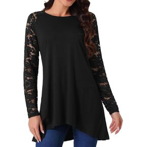 Seta T Women's Lace Long Sleeve High Low Tops Crewneck Asymmetrical Irregular Hem Blouse Casual Shirts Fall Outfits