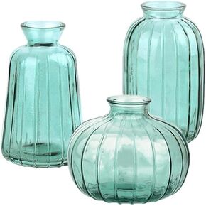 3 Pcs Small Glass Vase for Centerpieces, Small Pumpkin Glass Vases Vertical Stripes Pink Bud Vases Antique Vases Apothecary Jars for Flowers Wedding Party, Home Decor (Pink)