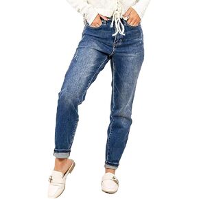 Flamingals Straight Leg Mid Waist Drawstring Casual Wash Roll Hem Detail Denim Jeans