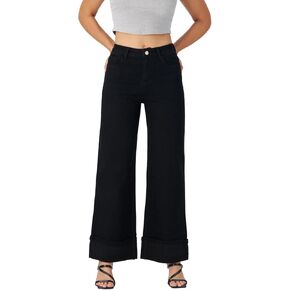 Women's Wide Leg Jeans High Waisted Stretchy Cuffed Loose Denim Pants