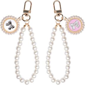 2PCS Pearl Wristlet Keychains for Women Girls Bow Keychain Bead Keyring for Backpack Purse Bag Key Chain for Keys