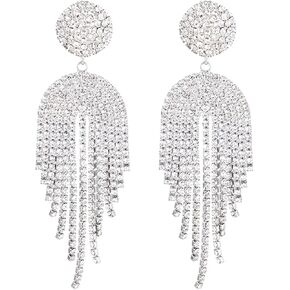 Luxury Rhinestone Round Tassel Earrings Elegant for Women Bridal Wedding Jewelry Beautiful Sparkling Rhinestone Long Tassels Dangle Earrings