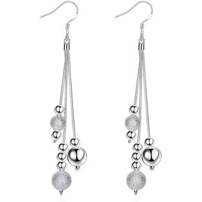 Elegant Ball Bead Long Chain Dangle Drop Earrings for Women Sterling Silver Plated Fashion Tassel Thread Hook Dangling