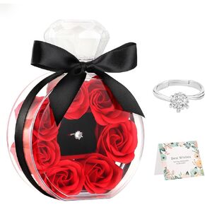 Rose Ring Box Birthstone Jewelry Artificial Preserved 7 Roses Flower Gift for Women Girlfriend Wife Mom Grandma Valentines Mothers Day Anniversary Birthday Unique Romantic Personalized Gifts