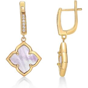 Black Onyx, Malachite or Mother of Pearl Four Petal Flower Dangle Earrings for Women in 925 Sterling Silver and Yellow Gold Plating with Cubic Zirconia by Lavari Jewelers