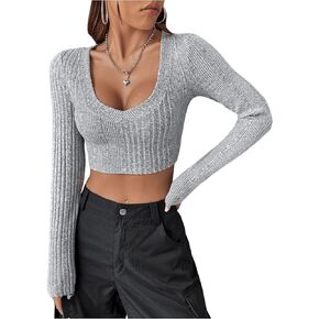 OYOANGLE Women's V Neck Long Sleeve Shirts Ribbed Knit Slim Fit Casual Crop Tops