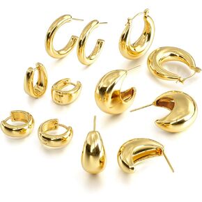 Gold Hoops Earrings for Women - 925 Sterling Silver Post, 14K Gold Plated Small Gold Hoop Earrings Chunky Hypoallergenic Earrings for Women Thick Lightweight Huggie Earrings Gold Jewelry for Women
