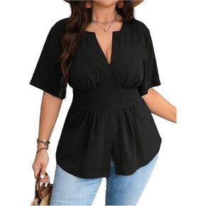 GORGLITTER Women's Plus Size Notched V Neck Peplum Tops Short Sleeve Ruffle Hem Blouse Shirts Top