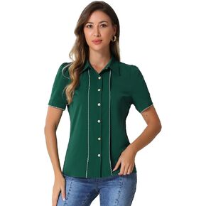 Allegra K Button Down Shirt for Women's 2023 Contrast Trim Puff Short Sleeve Blouse