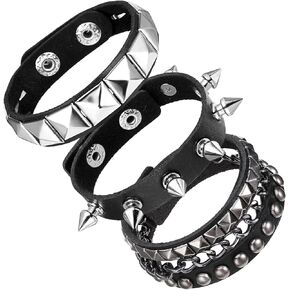 3Pcs Punk Bracelets Leather Bracelets for Men Women Goth Rock Bracelet Set 80s Wristband Cool Metal Studded Accessories for Halloween Party Cosplay