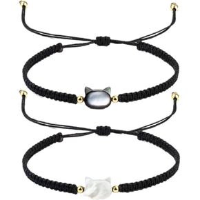 Cute Moonstone Cat Bracelets for Women Personalized Braided Couples Bracelet Handmade Adjustable Braided Rope Matching Couple Promise Bracelet Friendship Bracelet Jewelry Gift
