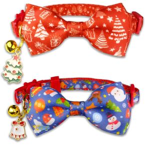 Christmas Cat Bow Tie Collar with Bell, 2 Pack Holiday Kitty Kitten Santa and Snowman Collar for Male Female Girls Boys