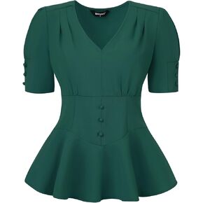 Allegra K Vintage Ruffle Blouse for Women's V Neck Short Sleeve Lace Up Peplum Top