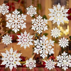 JULMELON 48 PCS Christmas Snowflake Ornaments, Glitter Snowflake Decorations, 4 Different White Snowflake Christmas Decorative Hanging Ornaments for Christmas Decorating, Crafting,Wedding