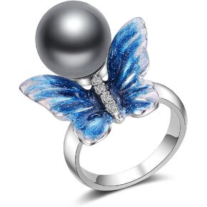 Buttefly Rings for Women Silver Color with Blue Enamel Craft with Gray Peal Statement Ring for Women