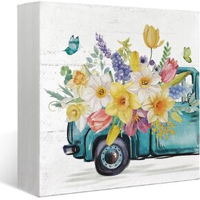 Farmhouse Spring Eucalyptus Leaves Wooden Box Sign Decor, Botanical Truck Wooden Block Plaque Sign Decoration for Shelf Table Farmhouse Tiered Tray Decor, Sage Green Decor, 5x5