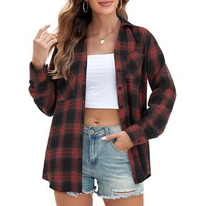 Rooscier Women's Button Down Dressy Shirts Plaid Long Sleeve Collared Casual Loose Blouses