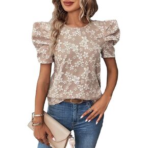 OYOANGLE Women's Elegant Floral Print Short Puff Sleeve Keyhole Back Blouse Top Shirts