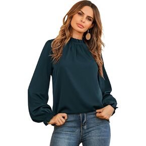Rooscier Women's Frill Mock Neck Puff Long Sleeve Pleated Blouse Office Shirt Top