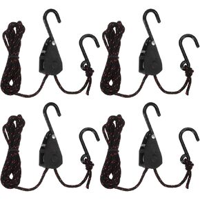 uxcell 4pcs 1/8" (4mm) Ratchet Rope Hanger with Metal Gears 6.6ft (2meter) Ratchet Tie Down Strap, Ratcheting Pulley System Bungee Cord for Hanging Plants Grow Light and Various Tie-Down