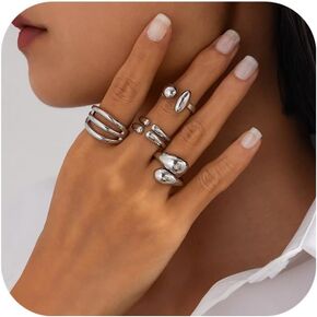 4 Pieces Chunky Gold Rings Set for Women, Dainty Open Stackable Statement Rings, 14K Vintage Dome Midi Finger Rings Jewelry Gift Prom Costume Accessories