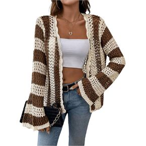 Verdusa Women's Open Front Long Sleeve Striped Crochet Hollow Out Cardigan Sweater
