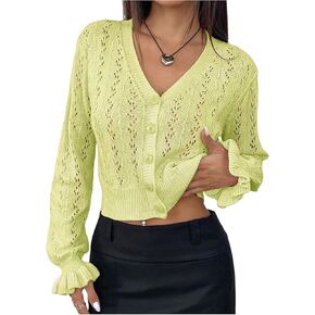 Women's Y2K Cardigan Sweater Crochet Cardigan Hollow Out Sweater Ruffle Button Down Long Sleeve Knit Crop Cardigans