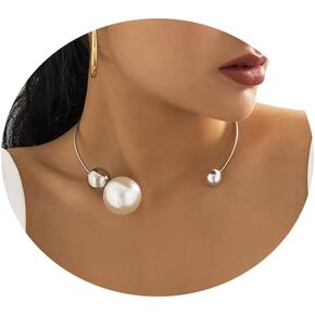 Metal Big Pearl Open Choker Necklace Adjustable Silver Big Pearl Choker Necklaces for Women Round Open Cuff Necklace Elegant Cuff Collar Necklace Statement Chain Necklace for Women (Silver)