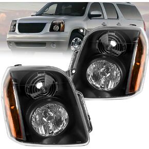 Halogen Headlights Assembly Fit for GMC Yukon XL 1500 2500 2007-2014 Headlamps Driver and Passenger Side Black Housing Amber Reflector