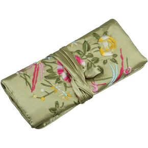 SOFEA Oriental Silk Jewellery Roll Wrap Jewelry Pouch Organizer Travel Storage Case Green