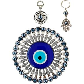 Glass Turkish Blue Evil Eye Wall Hanging Ornament with Little Hearts – Nazar Bead with Hamsa Keychain