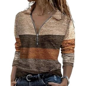 Flamingals Women's Half Zip Collar Long Sleeve T-Shirt Colorblock Casual Shirt