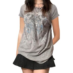 Women Y2K Grunge Short Sleeve T-Shirt Crew Neck Graphic Baby Tee Slim Casual Going Out Top Halloween Gothic Shirt
