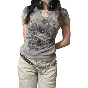 Women Y2K Grunge Short Sleeve T-Shirt Crew Neck Graphic Baby Tee Slim Casual Going Out Top Halloween Gothic Shirt
