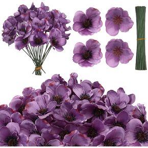 60 Pcs Purple Poppy Flowers Artificial Fake Flower Poppy Heads for Veterans Day Memorial Day Home Kitchen Party Bouquet Decorations Vase Fillers Corsages Wreath Ornaments