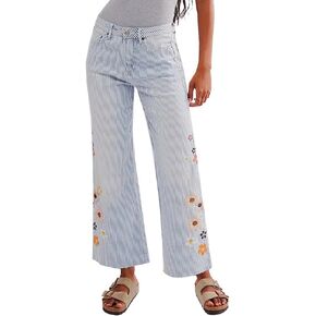 Kedera Women Embroidered Striped Pants Wide Leg Long Baggy Trousers 2025 High Waisted Loose Denim Jeans with Pocket