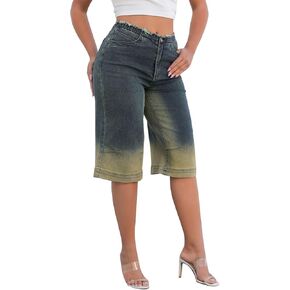 Women's Casual Wide Leg Jeans Loose Capri Pants Denim Pants with Pockets