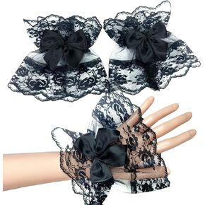 AUOCATTAIL Lolita Lace Fingerless Gloves Lace Bow Front Short Wrist Cuff Wedding Gloves for Women Halloween Party Costume
