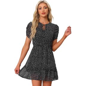 Allegra K Women's Polka dots Dress Sheer Sleeves Bow Tie Neck 2024 Summer Smocked Waist Swing Ruffle Mini Dress