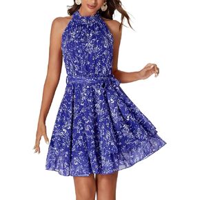 OPOIPIN Women's Summer Chiffon Boho Floral Print Halter Sleeveless A Line Midi Dress with Tie Belted