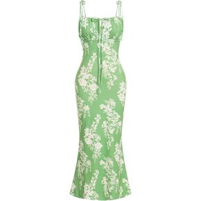 Bustier Dress for Women Boho Floral Corset Casual Sundress Spaghetti Strap Maxi Dress Summer Beach Party Midi Dresses